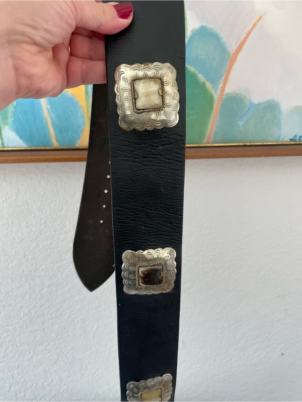 Vintage Silver Tone Concho Black Leather Bone Inlay Belt Engraved Western Belt - Picture 8 of 10
